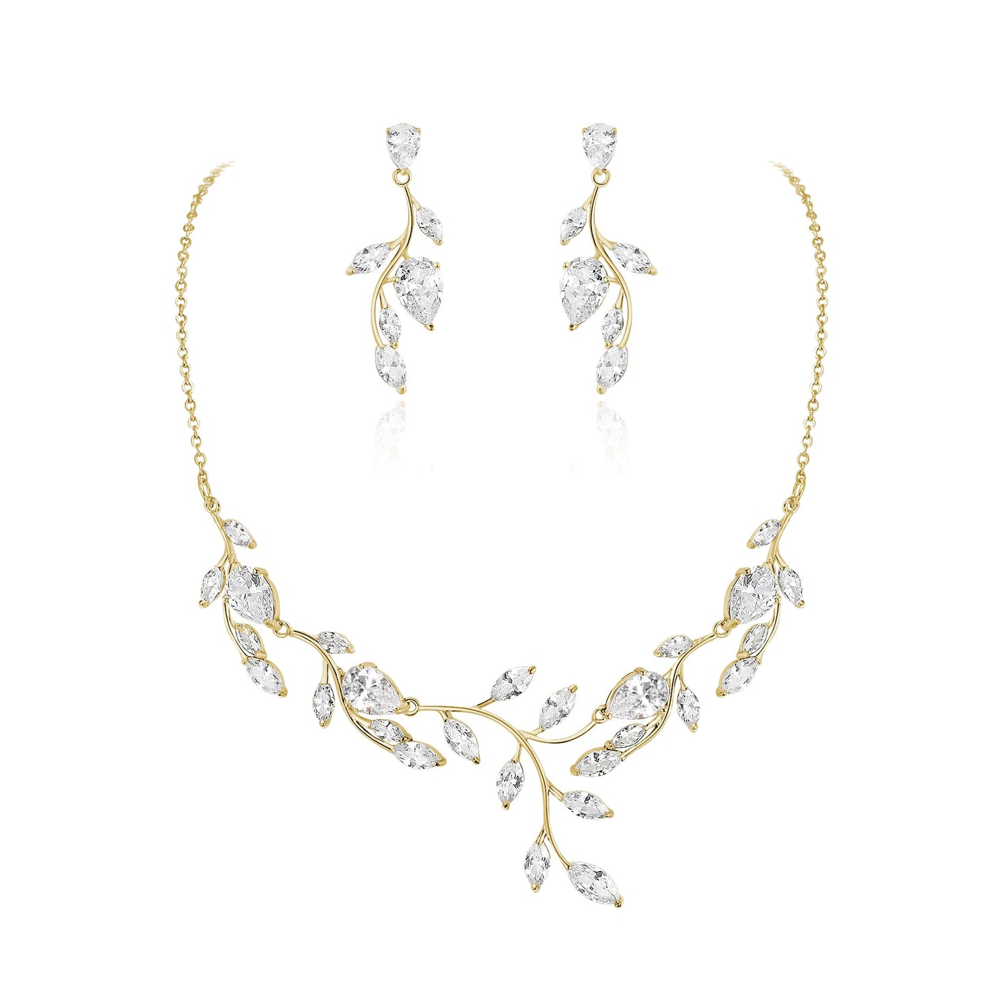 EVER FAITH Wedding Jewelry for Bride Bridesmaids, Sparkly White Cubic Zirconia Gold-Plated-Brass Pear Shaped Leaf Bridal Choker Necklace Earrings Set for Prom