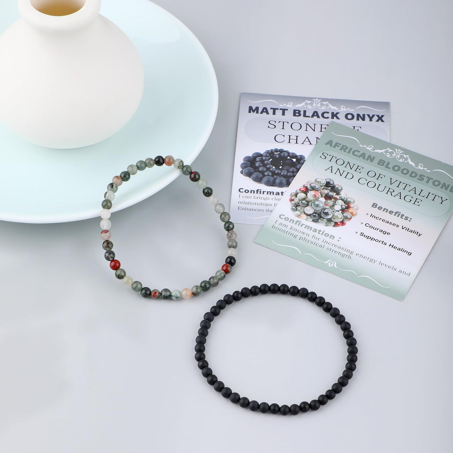 NCB 2-Piece 4mm Natural Crystal Gemstone Stretch Bracelets – ﻿African Bloodstone, Matte Black Agate Handmade Reiki Energy Healing Jewelry for Meditation,Yoga, Unisex