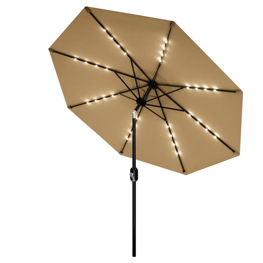 Garvee 10 FT Patio Umbrella with Solar Lights, Outdoor Table Umbrella with 8 Durable Ribs, Tilt & Crank Mechanism, Waterproof & UV Protection for Garden, Backyard, Poolside, Tan