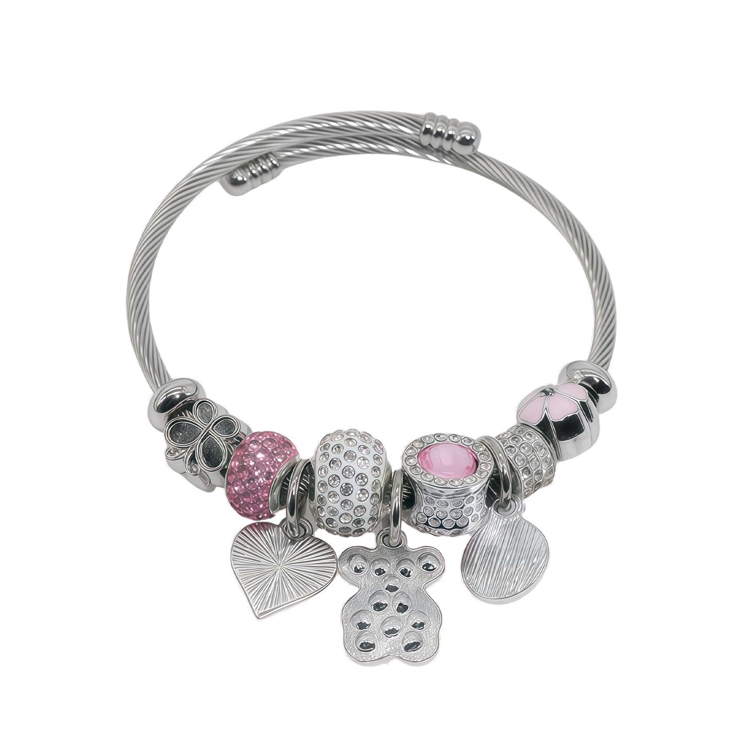 IUULOB Silver Women Bracelets - Adjustable Charm Bracelets for Women Birthday Gifts Favors Titanium Steel Bracelet Bundle Jewelry Kit (B: Bear - Love - Pink)