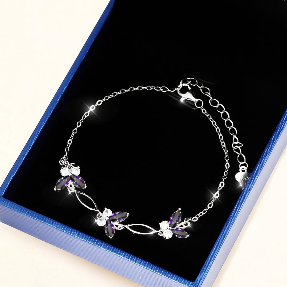 Gifts for Birthday,Holiday,Anniversary,Butterflies Bracelet Sterling Silver Jewelry Adjustable and Charming Link Bracelet for Women Ideal Gifts for Women(Colorful)
