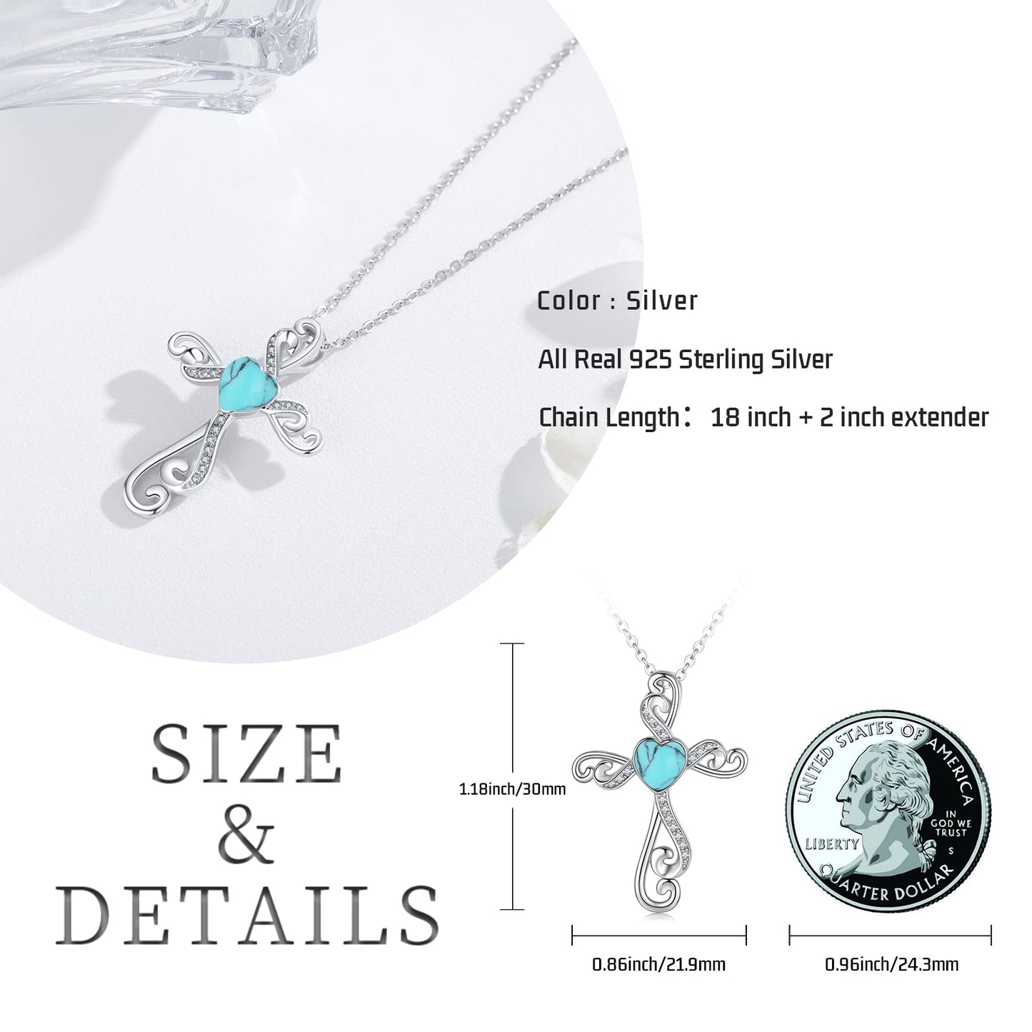 Twoowl Cross Necklace for Women 925 Sterling Silver Turquoise Pendant Cross Necklace Religious Necklace Jewelry Gifts for Women