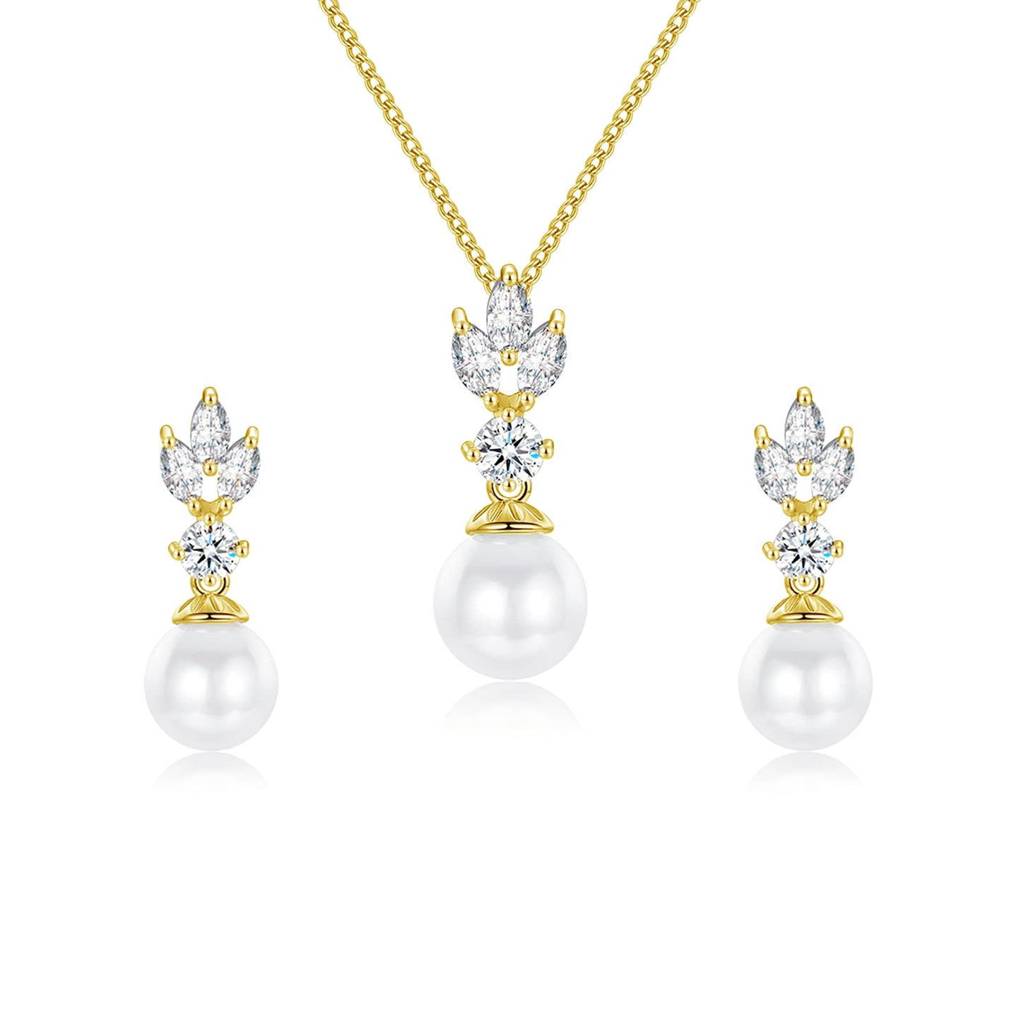 IDASANY Wedding Jewelry for Bride Bridesmaid, Gold Pearl Dangle Earrings and Pendant Necklace Set Bridal Jewelry for Promise Wedding Party, Pack of 2