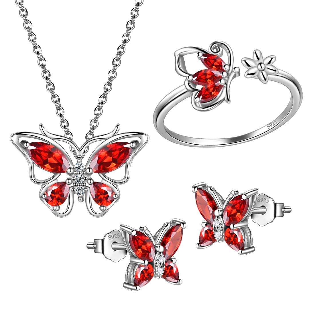 Hipunk Butterfly Red Jewelry Sets Birthstone Women 925 Sterling Silver January-Garnet Birth Stone Animal Butterflies Jewelry Sets/Earring/Ring Set Crystal Birthday Jewelry SS0002J