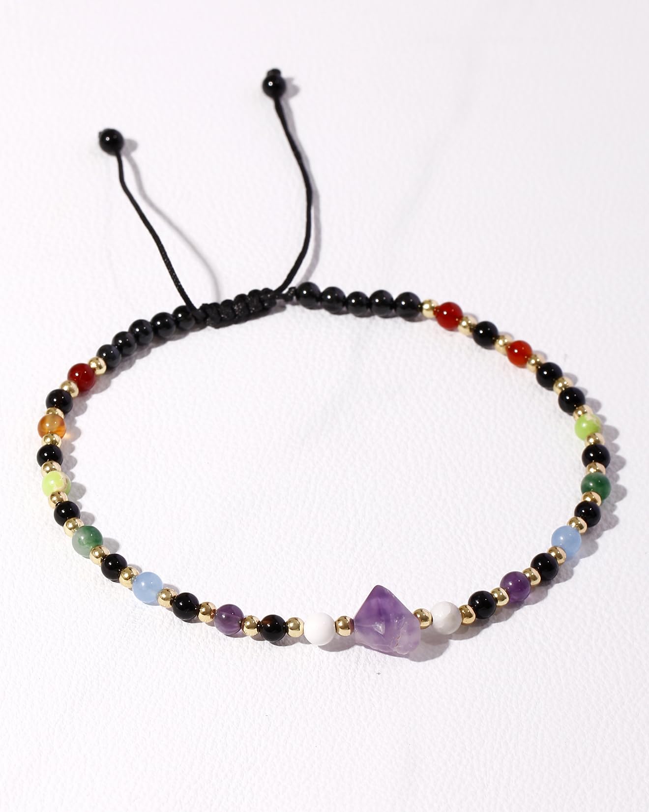 Xfoxstal 7 Chakra Beaded Anklet Summer Beach Black Agate Amethyst Raw Stone Ankle Bracelets for Women Spiritual Crystals Energy Yoga Meditation Gifts