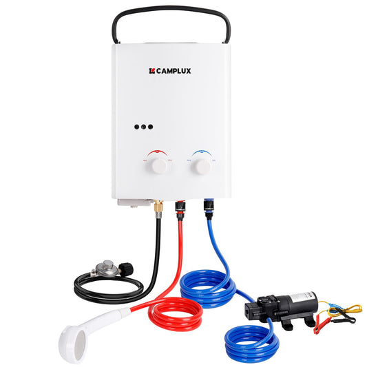 CAMPLUX Portable Propane Water Heater & Pump Kit, 1.32 GPM Tankless Gas Shower System with 12V Pump, Long Power Cables & Extension Hoses, Instant Hot Water for Off-Grid Camping, RV, AY132P43, White