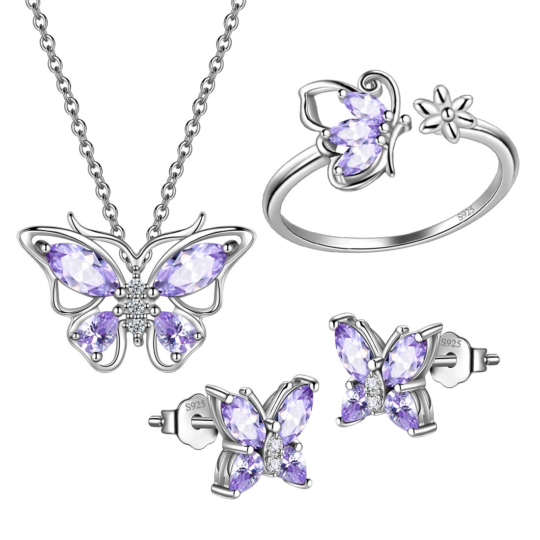 Hipunk Butterfly Blue Jewelry Sets Birthstone Women 925 Sterling Silver June-Alexandrite Birth Stone Animal Butterflies Jewelry Sets/Earring/Ring Set Crystal Birthday Jewelry SS0002U