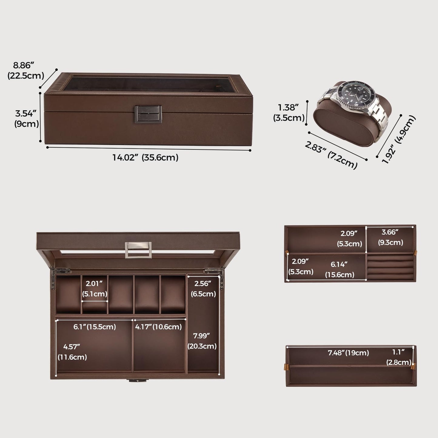 ProCase Men's Jewelry Box, 5-Slot Wood Watch Display Case Jewellry Storage Organizer for Sunglasses Rings Accessories with Hidden Compartment, Watch Holder with Glass Lid, Gift for Men -Espresso