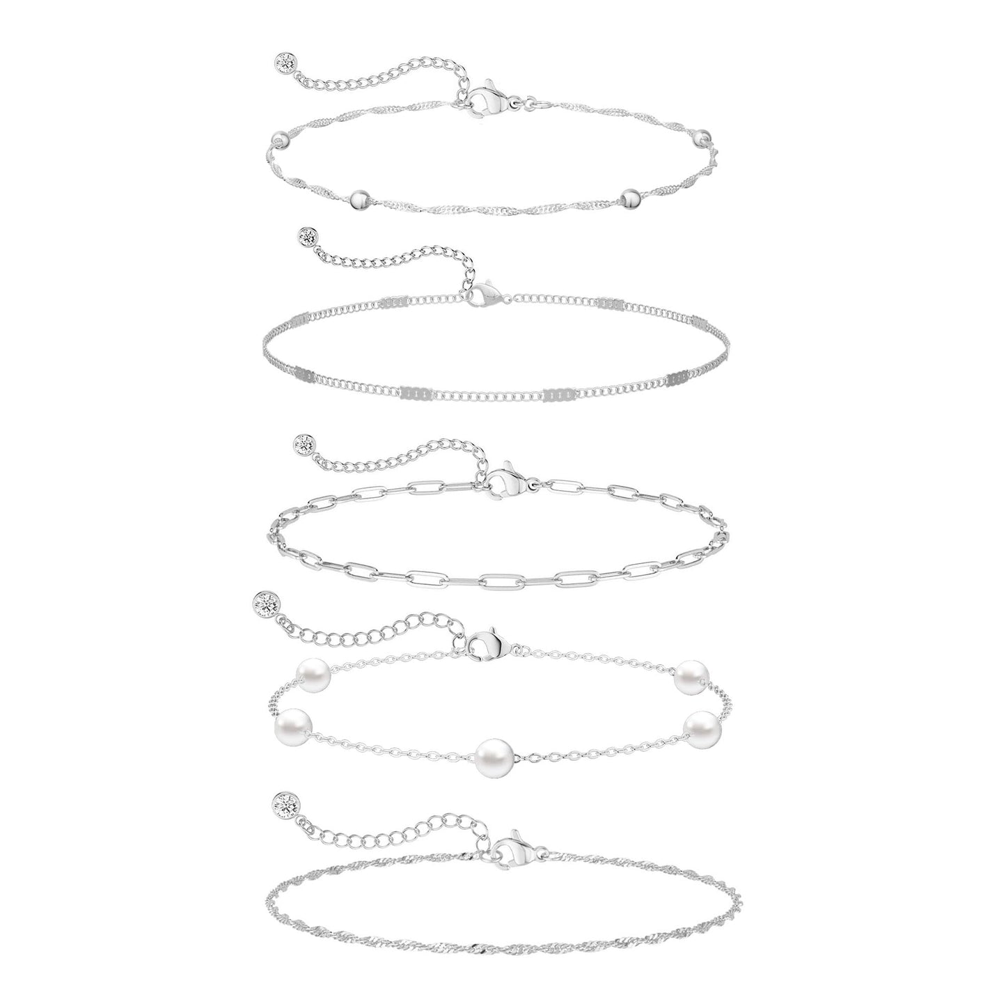 14K Silver Plated Dainty Pearl Bracelets for Women, Paperclip Chain Bracelet Stack for Women Waterproof Small Simple Cute Beaded Bracelet Set Silver Plated Pearl Jewelry Set Thin Prom Wedding Jewelry