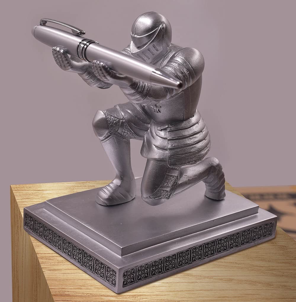 Ofiedx Executive Knight Pen Holder with A Cool Pen, Home Office Desk Organizers Decor Resin Pen Holder, Christmas Gift Idea for Dad, Uncle, Man, Boyfriend, Friends Silver