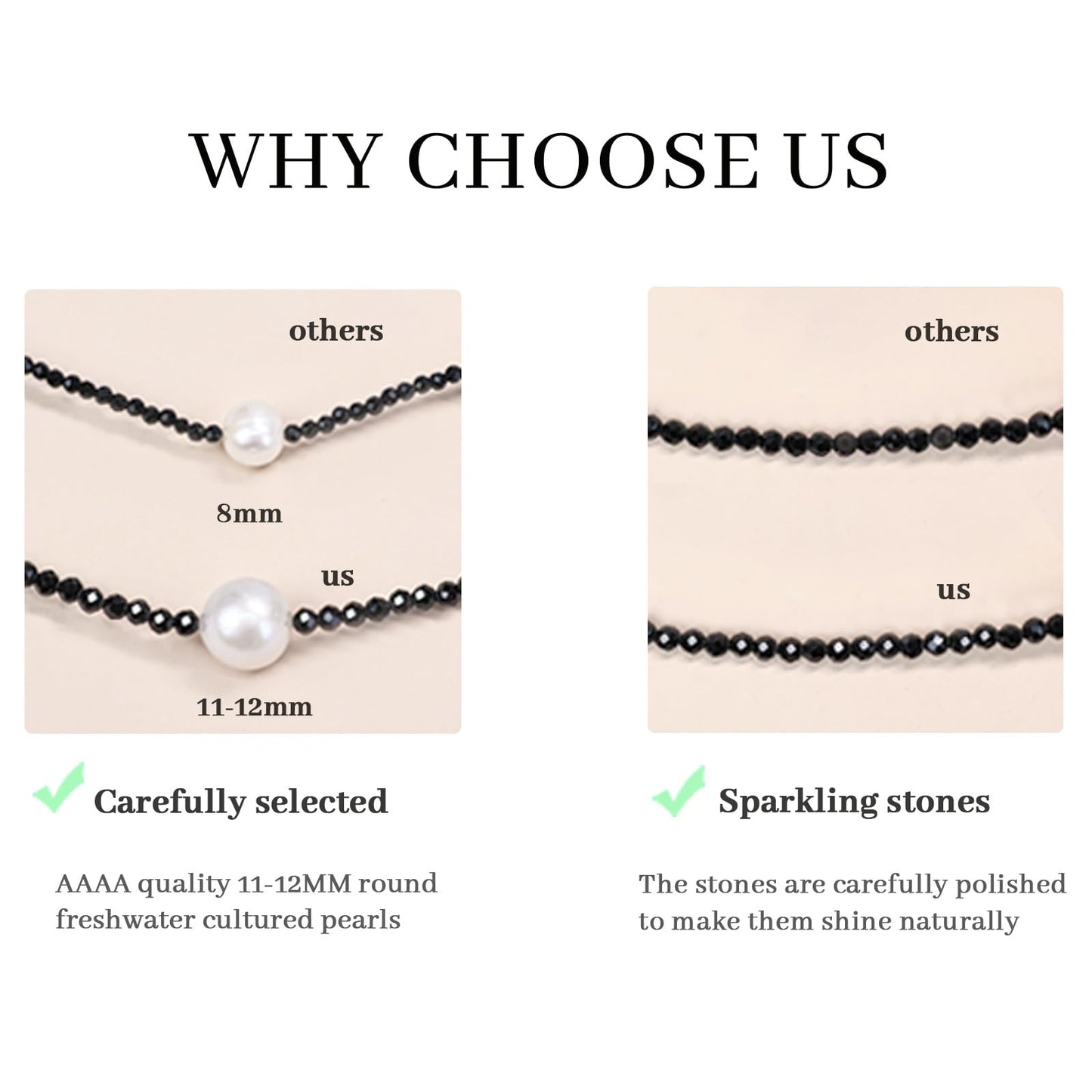 GEMTAL Pearl Necklaces for Women, Single Pearl Necklace Natural Gemstone Necklace Womens Black Stone Beaded Choker, Dainty Round Freshwater Pearl Drop Necklace Handmade Jewelry Gift Valentines Birthday Anniversary 18inch