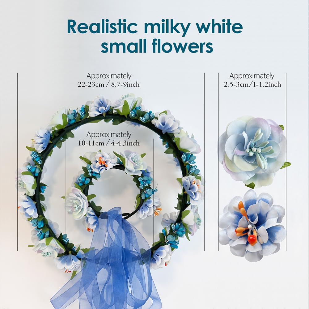 Klazelle Floral Crown Headband and Wrist Corsage Set, Flower Hair Wreath with Ribbon for Weddings and Festivals (blue)