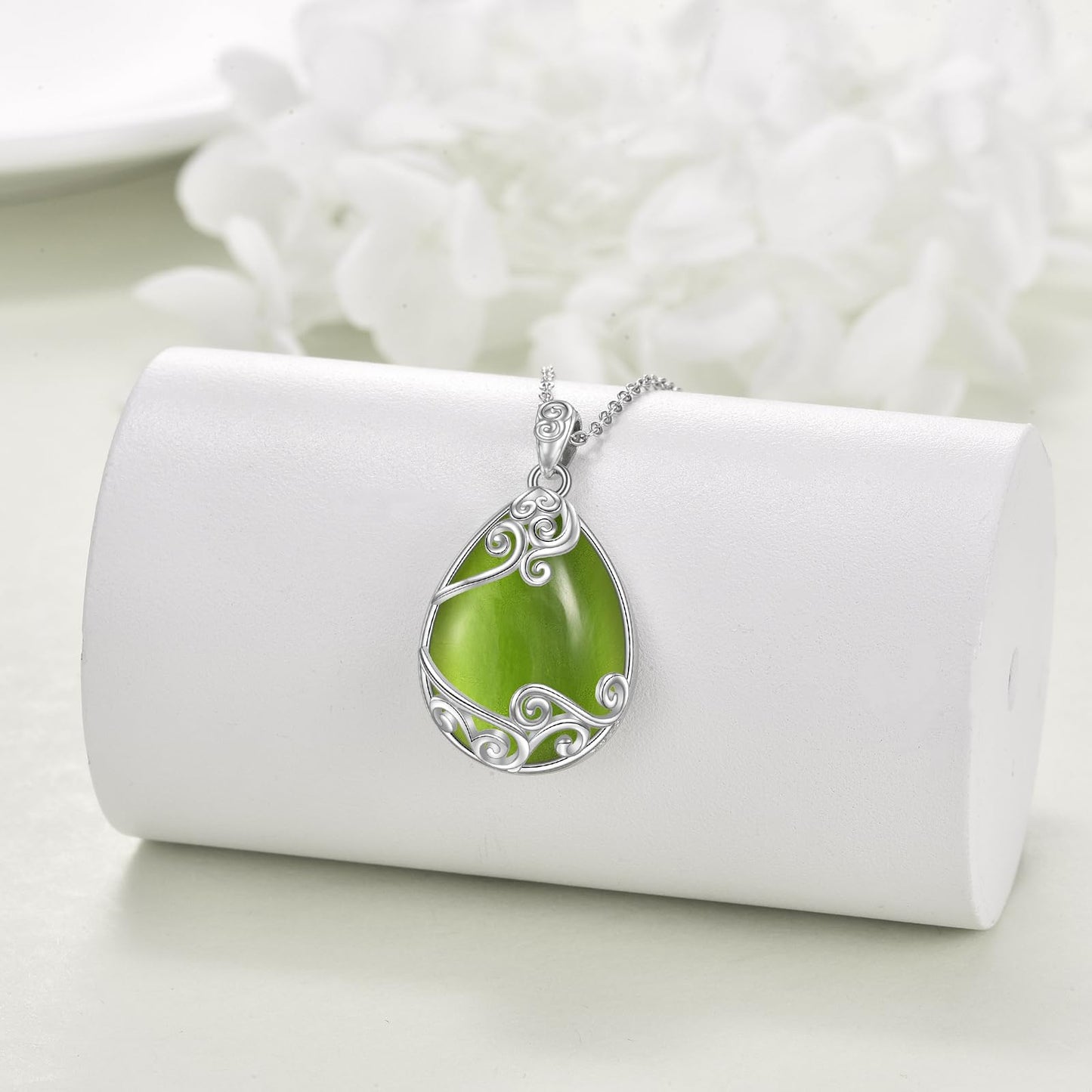 YAFEINI Sterling Silver Peridot Teardrop Pendant Necklace - Green Filigree Natural Stone Jewelry Gifts for Women