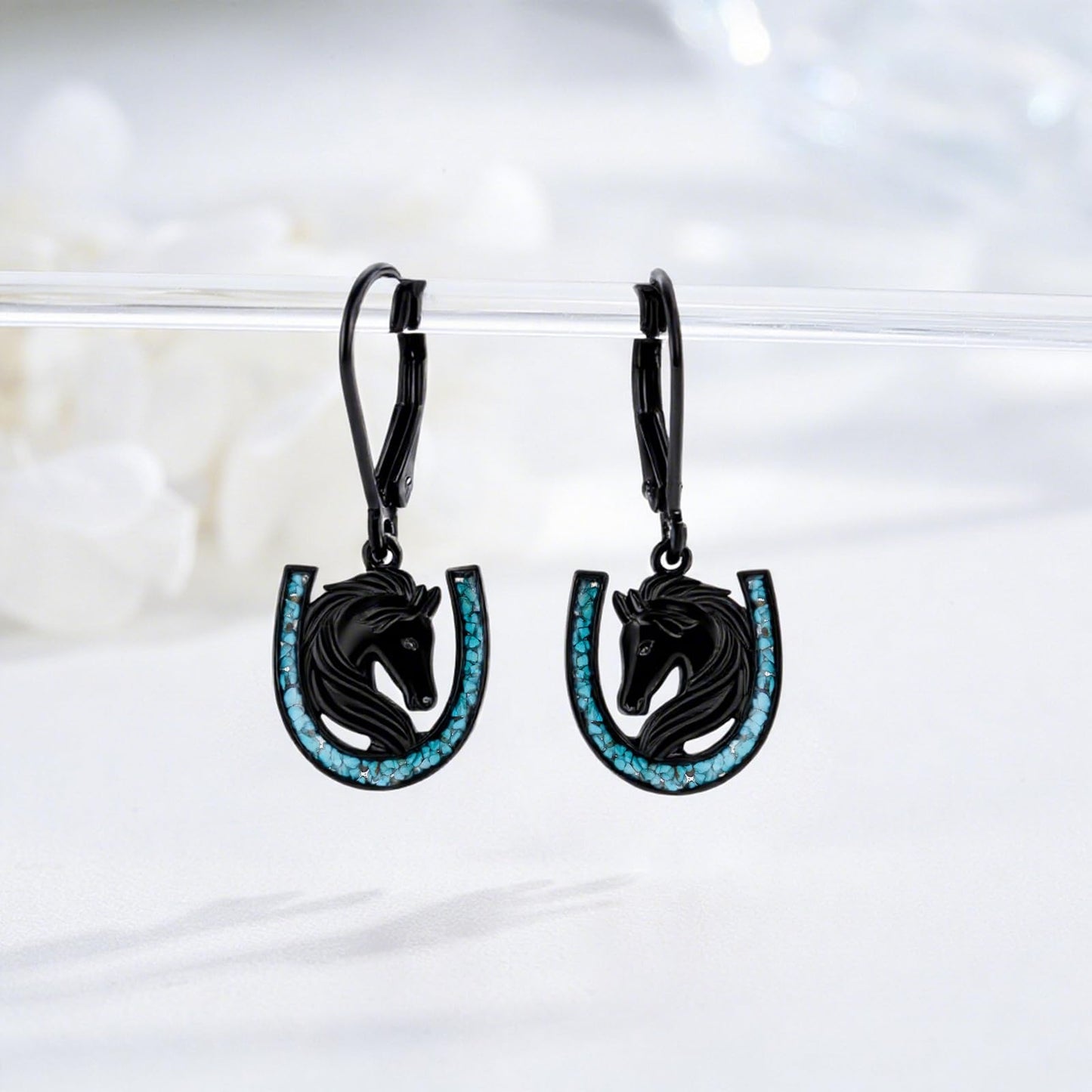 YYmqmq Black Horse Earrings for Women 925 Sterling Silver Turquoise Horseshoe Dangle Earrings Leverback Western Jewelry Horse Gifts for Women Girlfriend Lovers