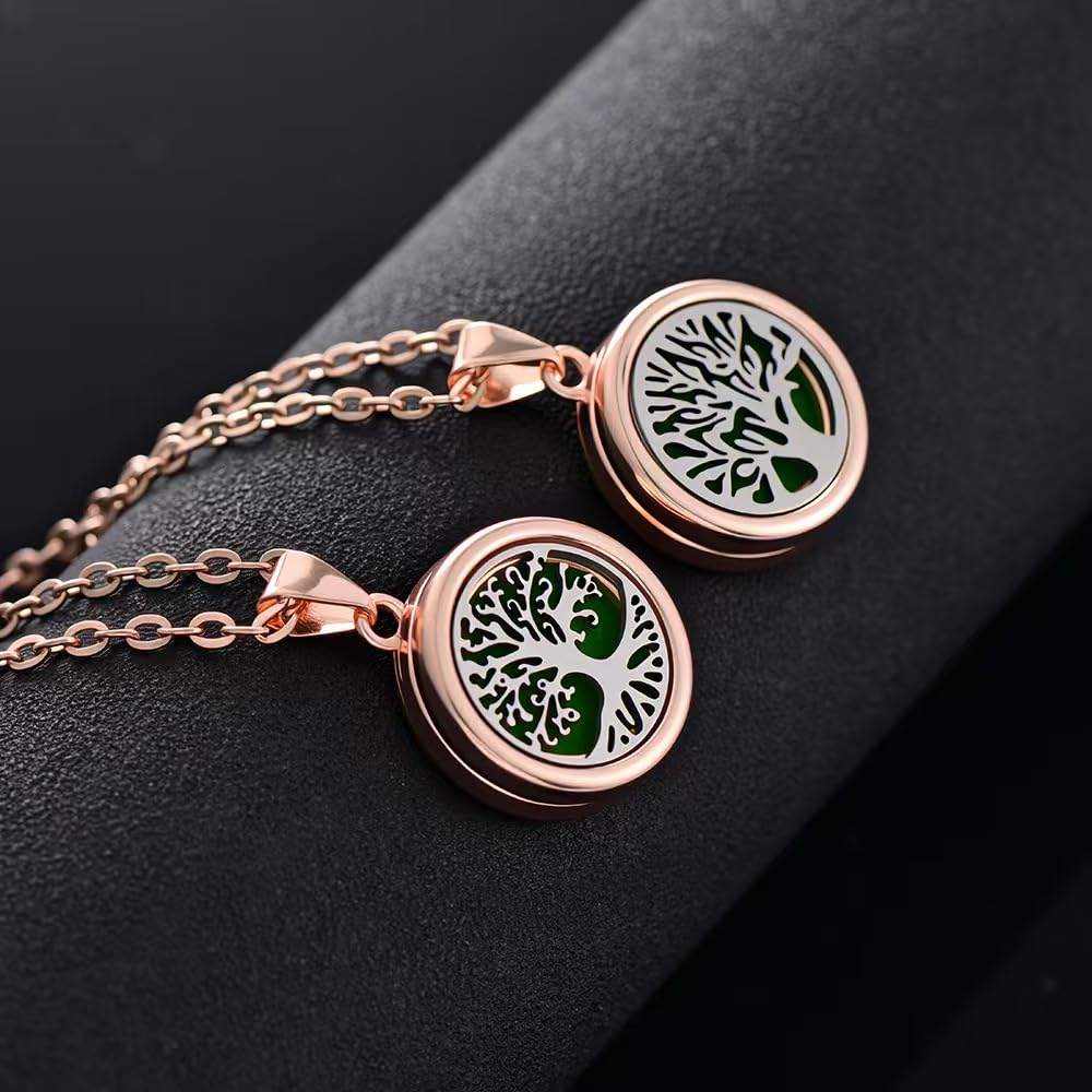 4-Piece Rose Gold Tree of Life Aromatherapy Necklace Set, Essential Oil Diffuser Pendant, Women's Stainless Steel Fragrance Jewelry, Includes Replacement Cotton Pads