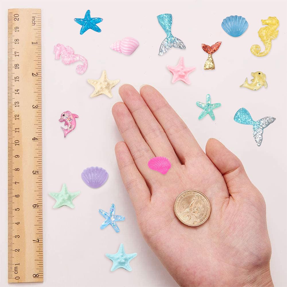 SUNNYCLUE 1 Box 80Pcs 9 Styles Animal Cabochons Colorful Sea Ocean Animals Charms Fish Tail Mermaid Dolphin Resin Cabochon Flatback for Scrapbooking Adult Women DIY Jewelry Crafts, Random Style