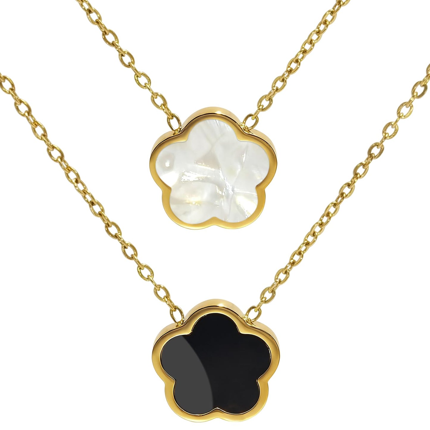 Aimétte Monette 18K Gold Plated Necklaces for Women Dainty Lucky Four Leaf Clover Gold Necklace Set, Charm Necklace for Mothers Day Gift Birthday Valentine's Day Black and White
