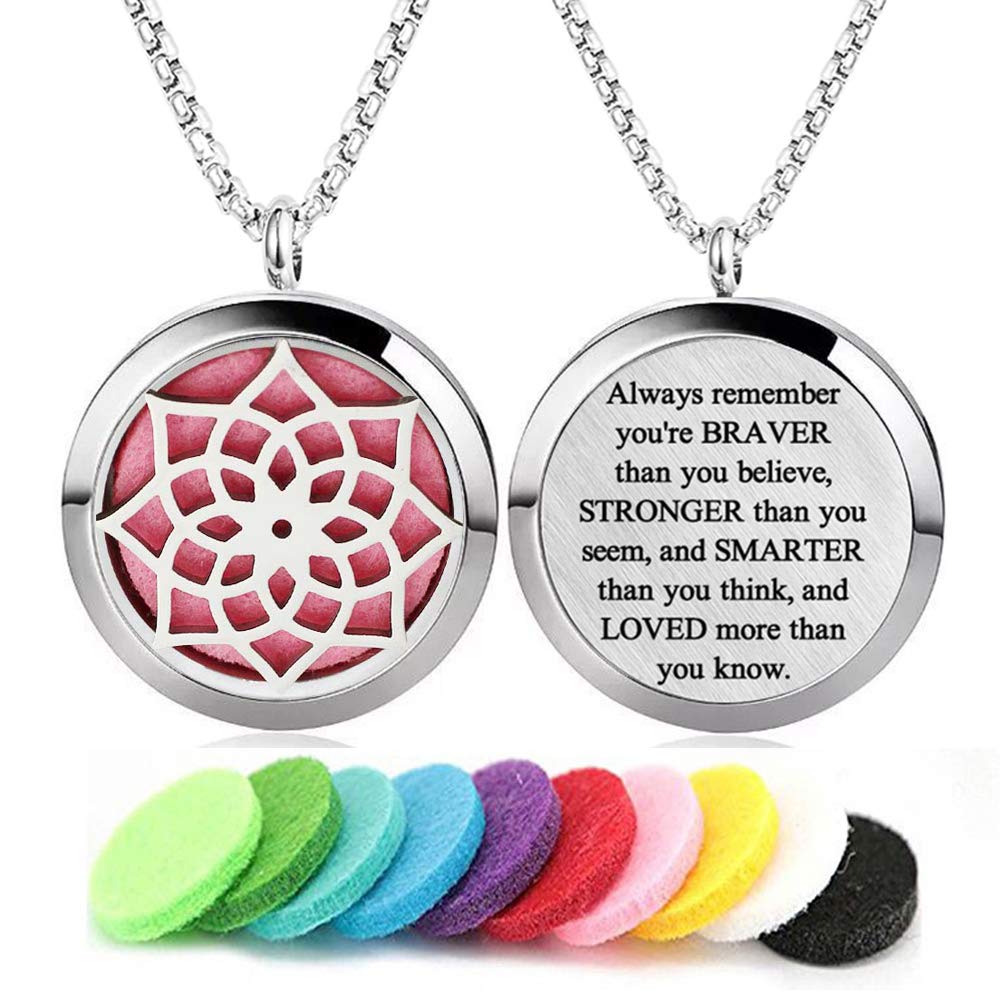 Aromatherapy Essential Oil Diffuser Necklace Stainless Steel lnspirational Locket Pendant（Sunflower）