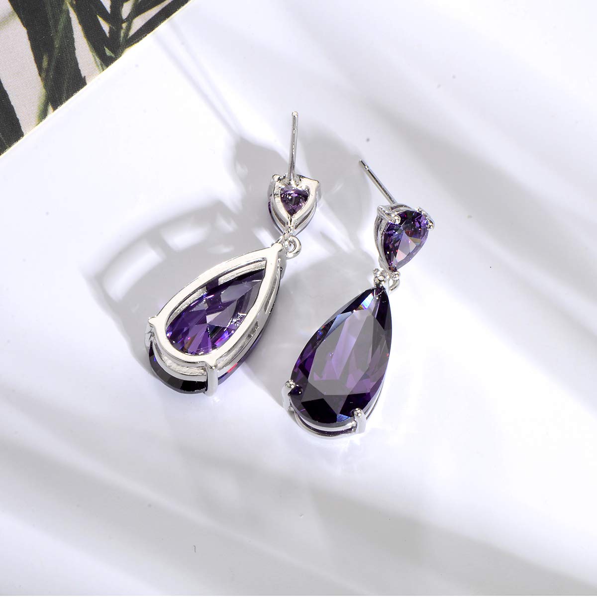 Mycitta Bridal Jewelry Set for Wedding - Amethyst Purple Teardrop Cubic Zirconia Crystal CZ Rhinestone Pendant Necklace Set for Mother of Bride Prom Party Formal Jewelry