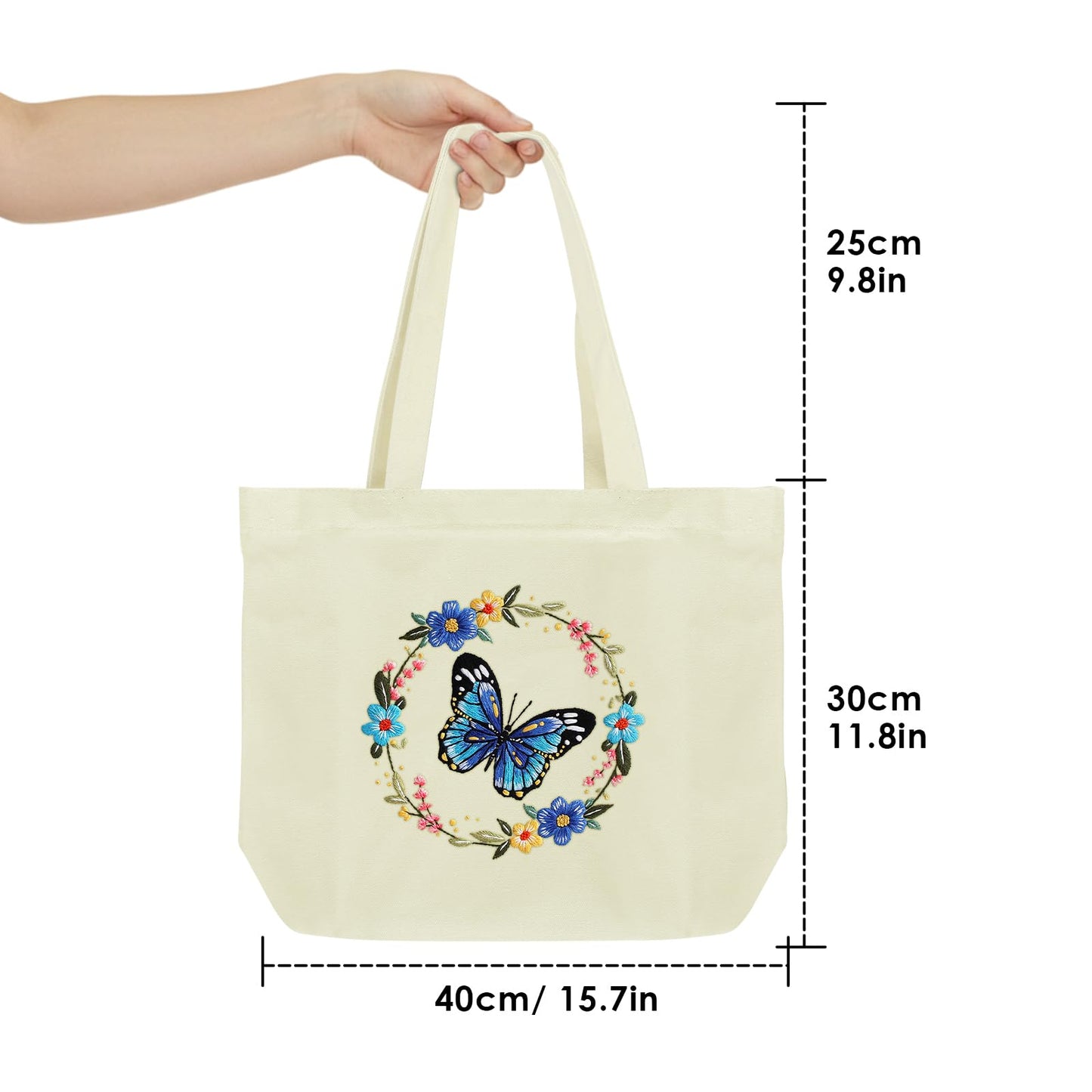 ERKOON Canvas Tote Bag Embroidery Kit for Beginners, Floral Arts Crafts Cross Stitch Kits for Adults Including Stamped Embroidery Bag with Hoops, Needle, Instruction and Color Threads (Butterfly)