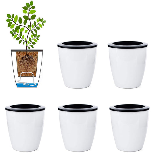 6 Pcs 3.5“ Self Watering Planter White Flower Pot, Flowers Plants, Small Mini Planter Pot, for All Plants, Herbs, African Violets, Succulents