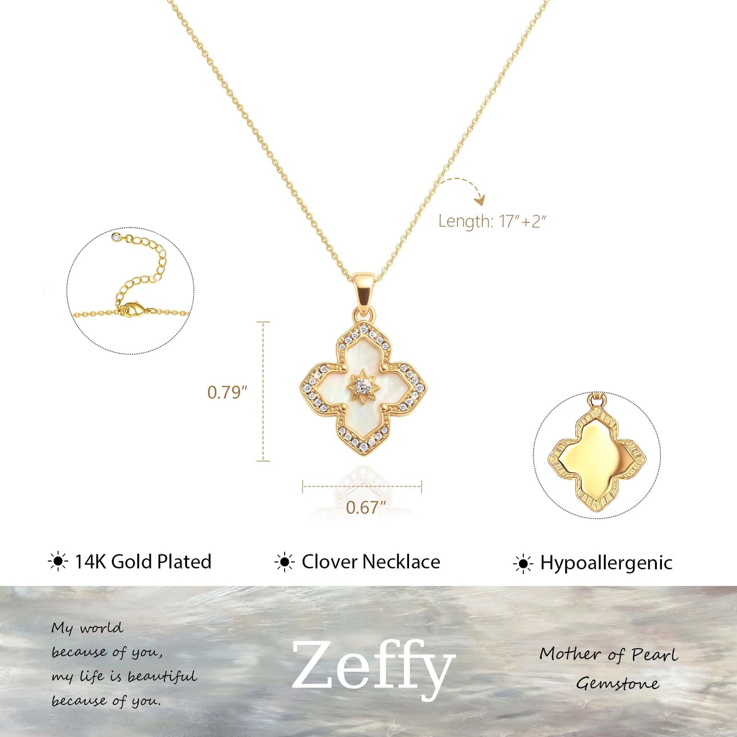 Zeffy Gold Clover Necklace for Women Dainty 14K Gold Plated CZ Mother of Pearl Pendant Necklace Charm Clover Pendant Lucky Necklaces for Women Jewelry