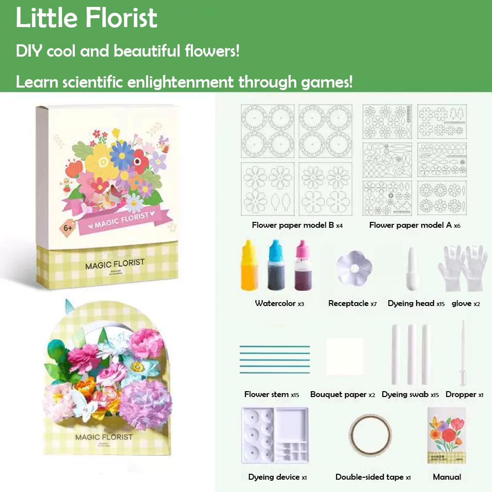 TEHZYORA Paper Flower Science Kits & Crafts for Girls Ages 8–12 – DIY Color-Wicking Blooming Flowers with Primary Dyes, STEM Art Project, Bouquet Box Included (Green)