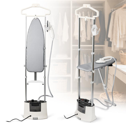 Hapyvergo Standing Garment Steamer with Rotating Nozzle, 1500W Upgraded Steamer for Clothes Heats in 25s for 60min Steam, 1.6L Tank, Self-Cleaning, Dual-Protection Tech, Ironing Board, Hanger, Gloves