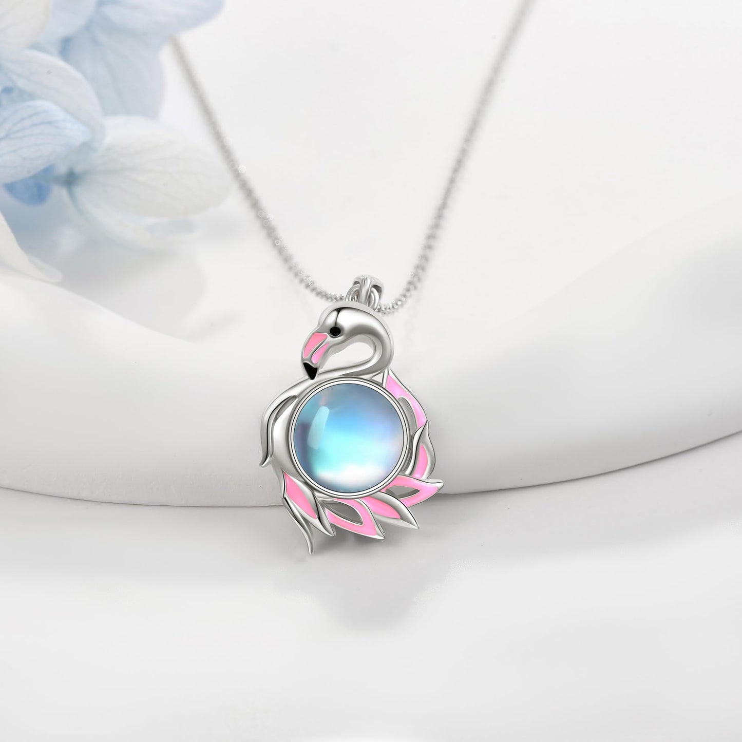 YAFEINI Flamingo Necklace 925 Sterling Silver Moonstone Pendant Christmas Mother's Day Jewelry for Women Mom Ladies