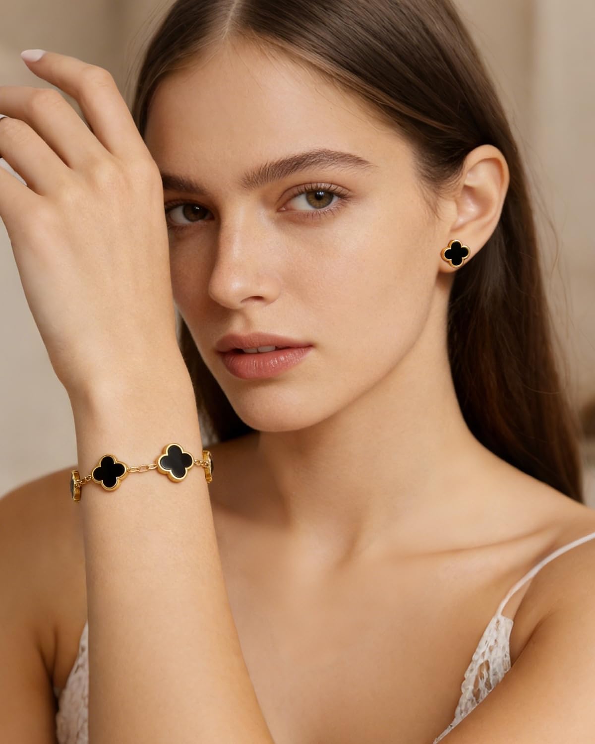 Aimétte Monette 18K Gold Plated Jewelry Set, Clover Bracelets and Stud Earrings Set Women's Hypoallergenic Black Gold Lucky Clover Bracelet Fashion Gifts for Women Trendy