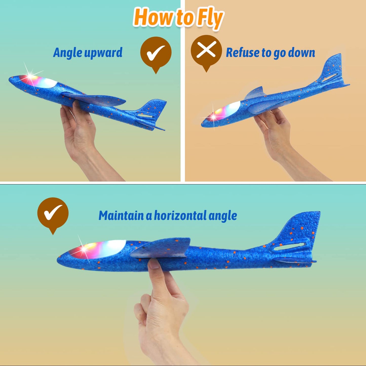 CCINEE 2 Pack LED Airplane Toys, 17.3 inch Large Throwing Foam Plane with Flashing Lights, 2 Flight Mode Glider Plane Outdoor Flying Toy for Kids Boys Girls Outdoor Sport Party Favors