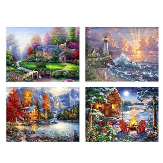 4 Pack Stamped Cross Stitch Kits - Four Seasonal Landscape Counted Cross Stitch Kits for Beginners Adults,11 CT Patterns Dimensions Embroidery Kits Arts Craft Kits 16 x 12inch