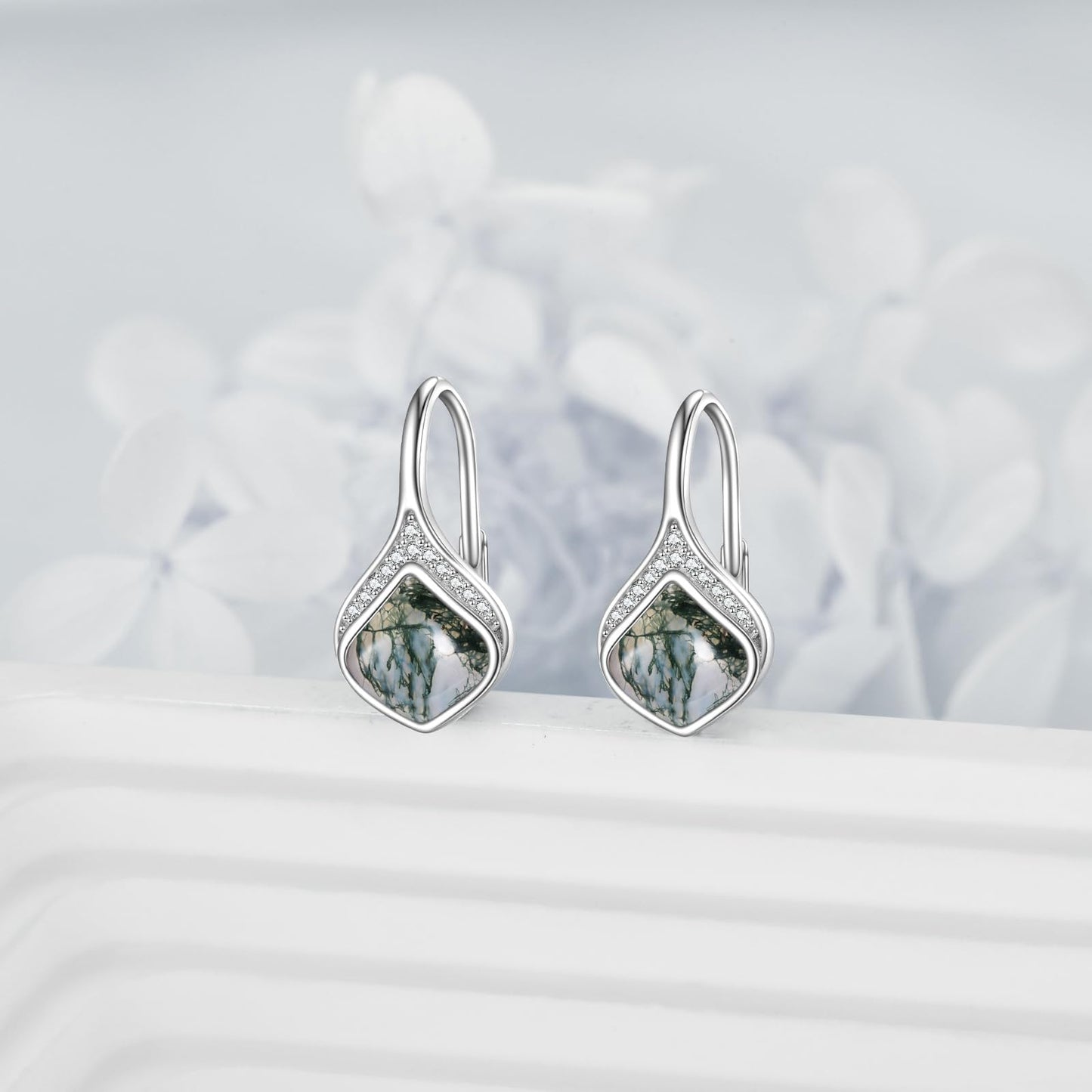 Moss Agate Drop Earrings Sterling Silver Natural Stone Teardrop Leverback Earrings Seaweed Agate Dangle Earrings Jewelry Christmas Gifts For Women