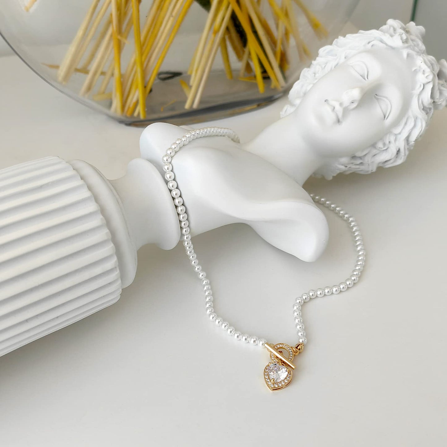 Luxval Pearl Necklaces Choker for Women,CZ Heart Pendant Cream White Pearl Jewelry, Pearl Necklace with Charm Dainty Toggle Clasp Crystal Necklace for Women Jewelry Gifts