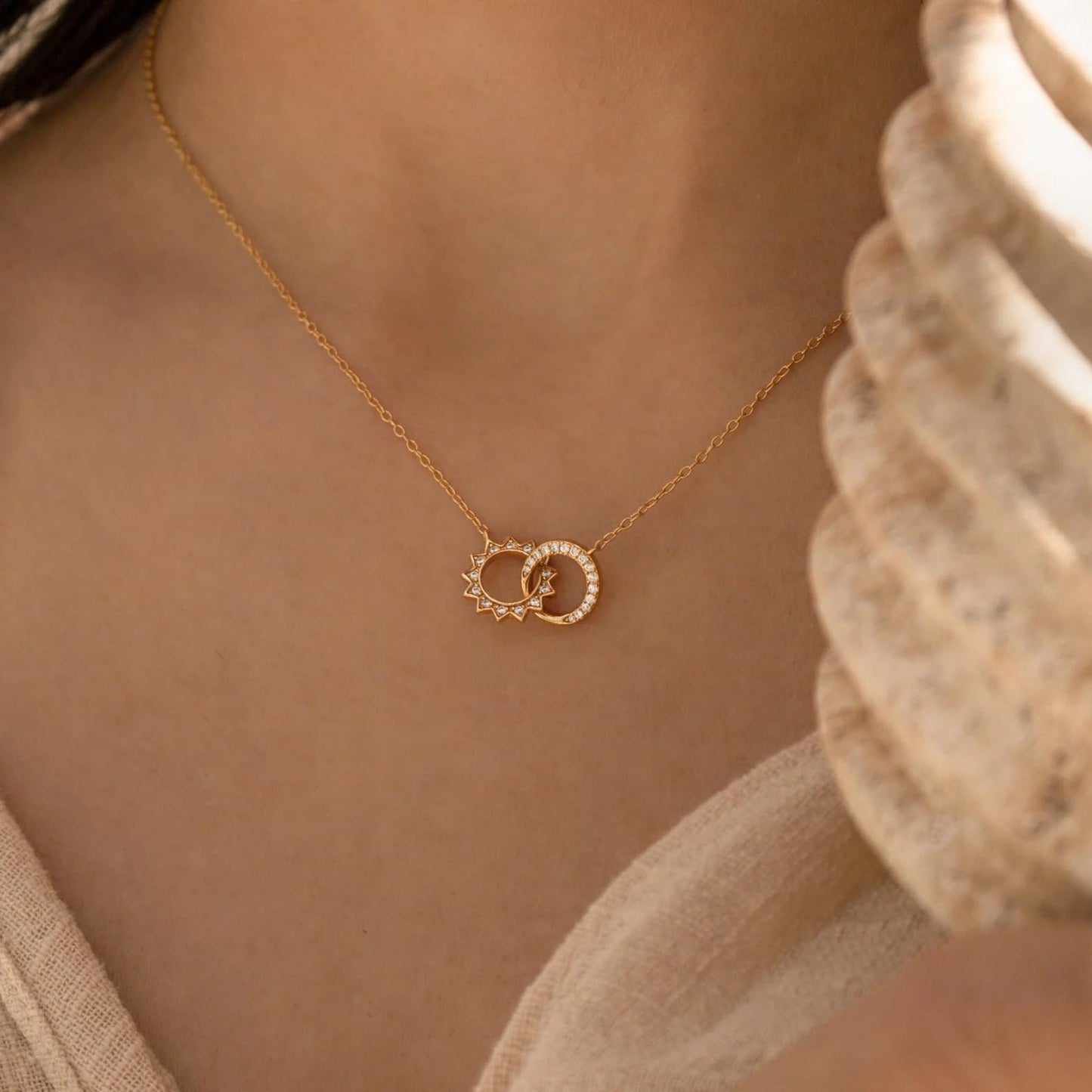 NUZON Moon and Sun Pendant Necklace for Women 18K Gold Plated Interlocking Circles Necklace Cubic Zirconia Celestial Hollow Crescent Moon Chain Choker Dainty Jewelry 16’’