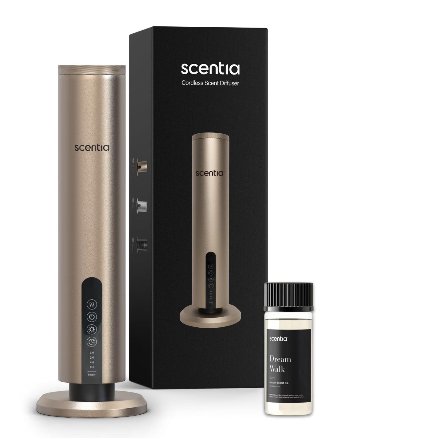 Scentia Wireless Waterless Hotel Scent Diffuser | Includes Premium USA-Made Oil Blend | App Controlled, Cordless | Home, Office, Spa, Aromatherapy | Covers 1500 Sq Ft | 72 Hrs in 1 Charging | Gold
