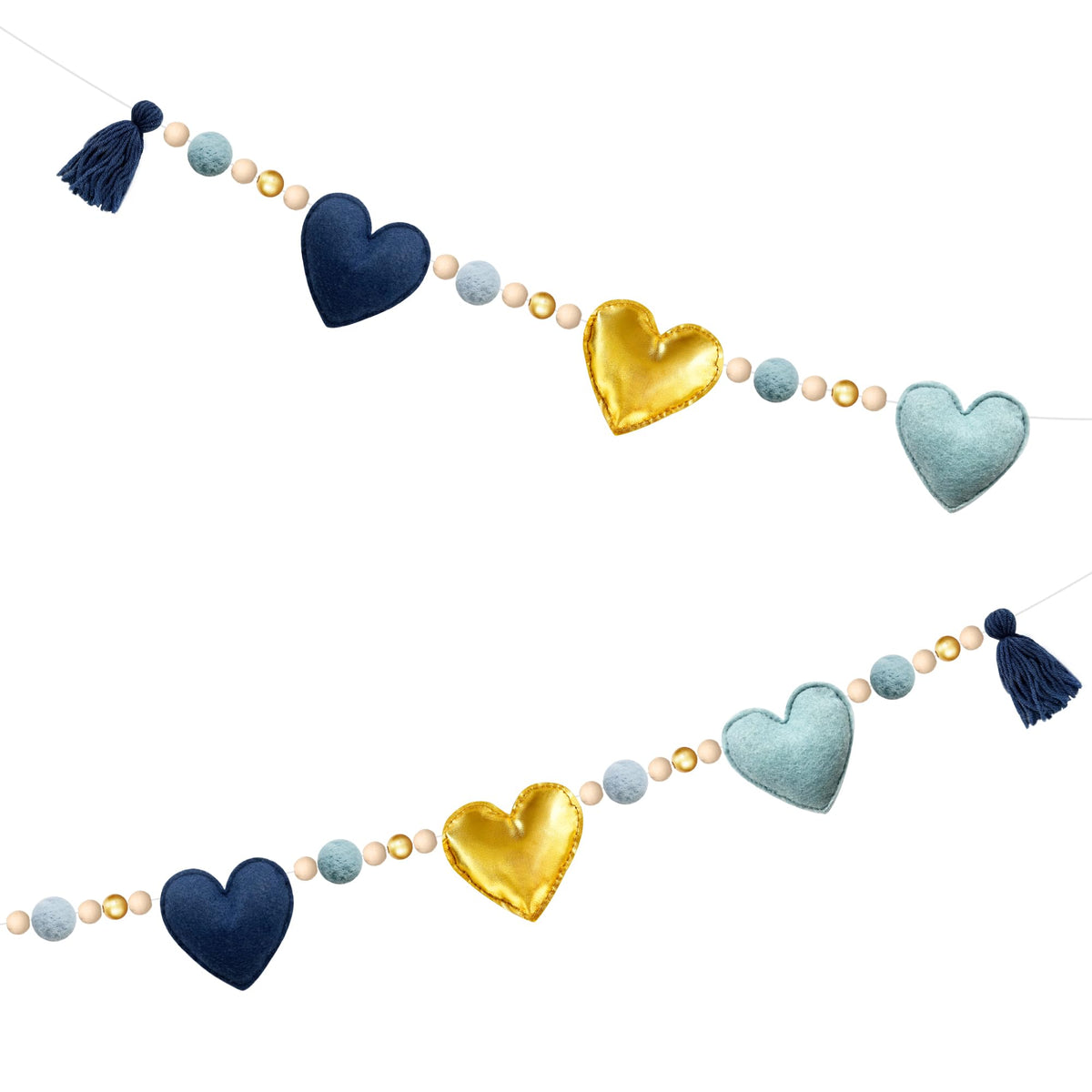 Dusty Blue Gold Heart Decorations Handmade Pre-Strung Felt Heart Banner Wool Felt Ball Wooden Bead Garland for Birthday Baby Shower Anniversary Valentines Day Nursery Classroom Fireplace Home Decor