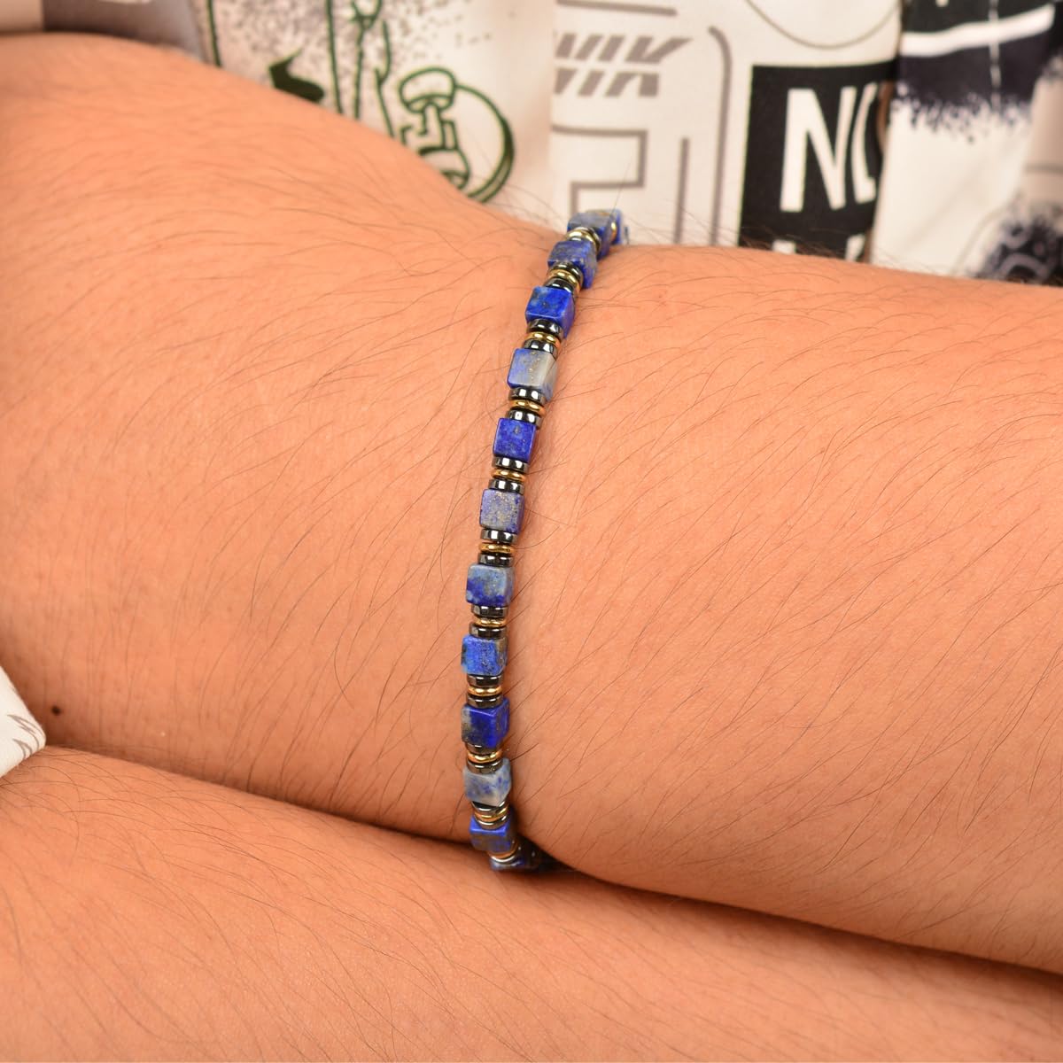 Casvia Handmade Lapis Lazuli Hematite Mens Bracelet, Stainless Steel Dual-Clasp, Adjustable 6.89-8.8 Inch, Spiritual Chakra Symbolism, Birthday Holiday Gift for Dad Husband Boyfriend