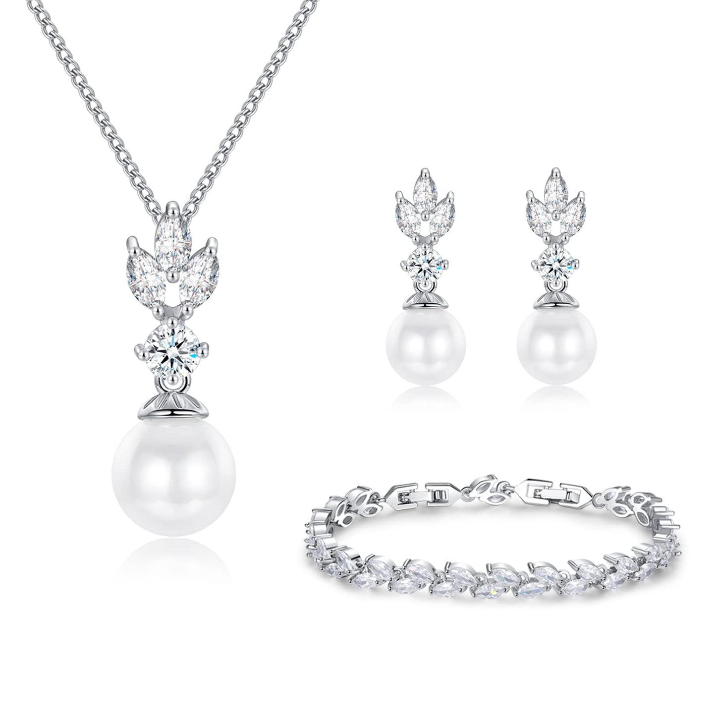 IDASANY Wedding Jewelry for Bride Bridesmaid, Pearl Dangle Earrings and Pendant Necklace Set Bridal Jewelry for Promise Wedding Party, 1 Set