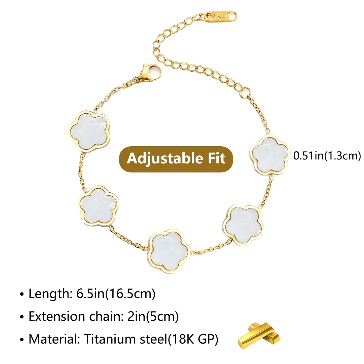 Eclatienne Four Leaf Clover Bracelet for Women – 18K Gold Plated Stainless Steel Lucky Bracelet, Adjustable 4 Leaf Charm Jewelry Gift (White Floral)