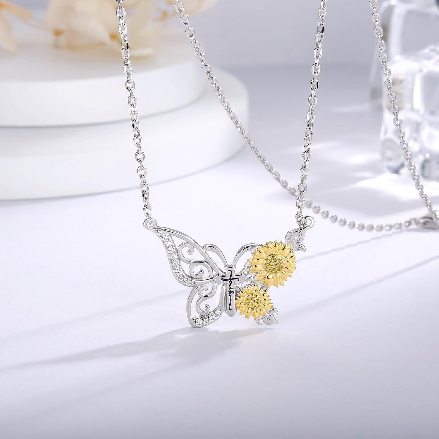 oGoodsunj Sunflower Necklace Jewelry Set fo Women Sterling Silver Anklet Bracelet Earrings You Are My Sunshine Pendant Gifts for Mom Daughter Wife (Sunflower Butterfly Necklace)