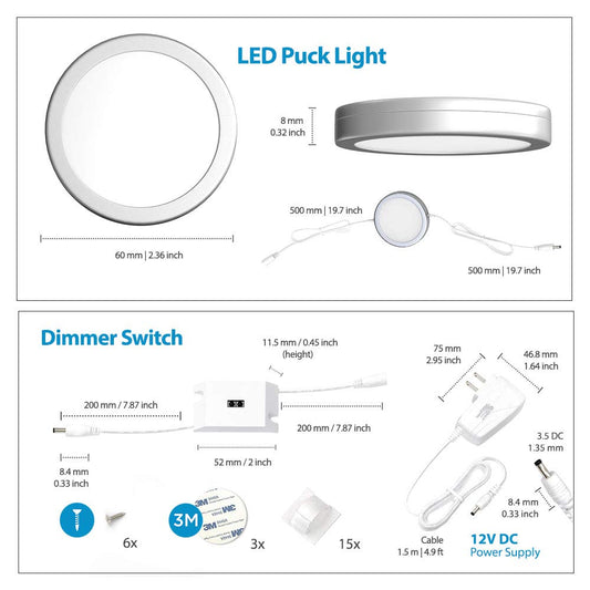 EShine Under Cabinet Puck Lights with Hand Wave Sensor – Circular LED Cabinet Lights – Dimmable – Pack of 3, Cool White (6000K)