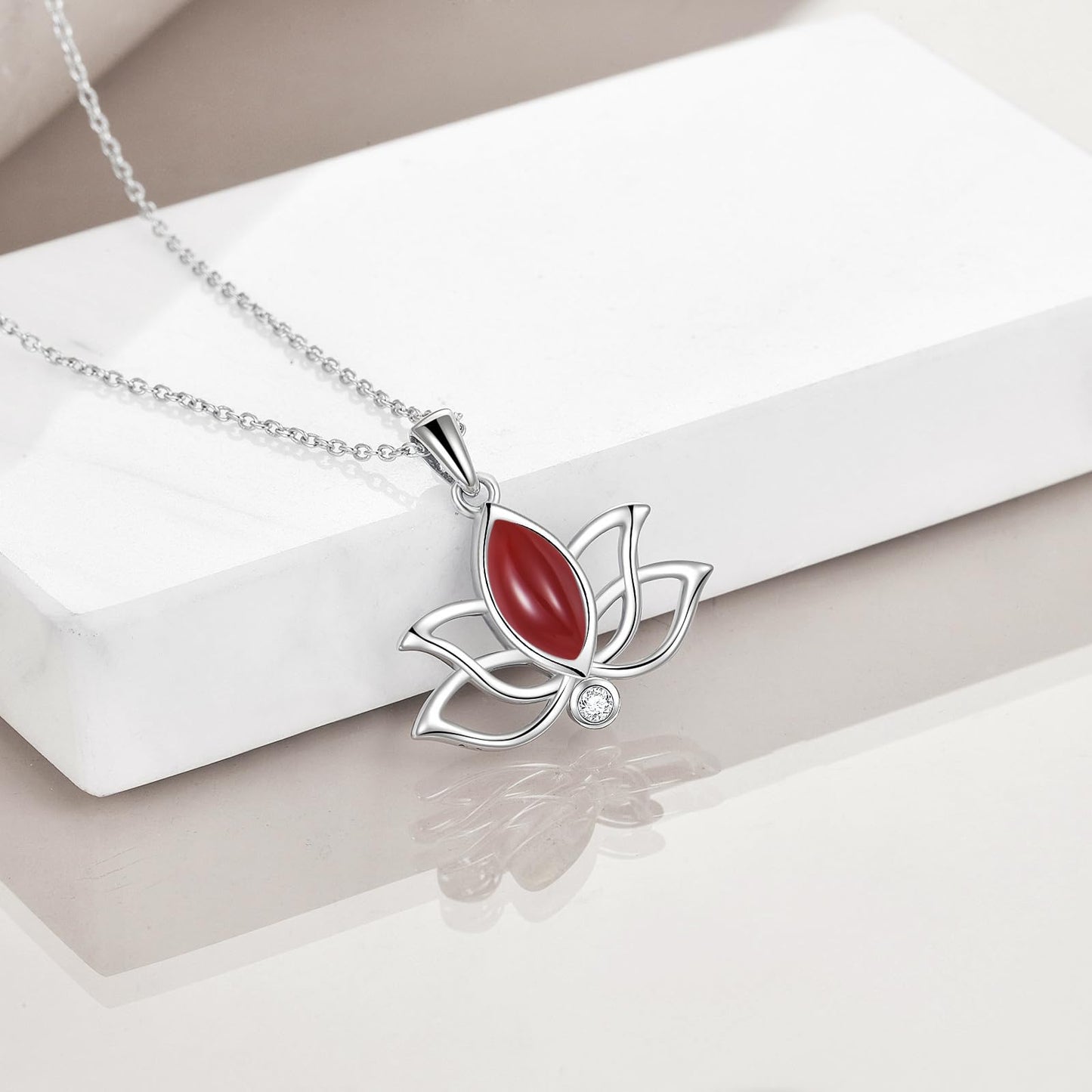 YFN Lotus Flower Necklace Sterling Silver Red Agate Lotus Pendant Lotus Jewelry Gifts for Women