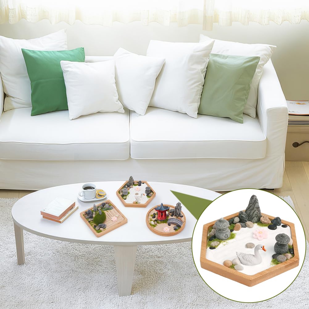 WEBEEDY 3 Sets Mini Zen Garden Kit Sand Tray Kit Japanese Sand Garden for Desktop with Bamboo Tray,Mini Rock Garden Gift Set for Home Office Desk Beautiful Japanese Decor Relaxation Meditation