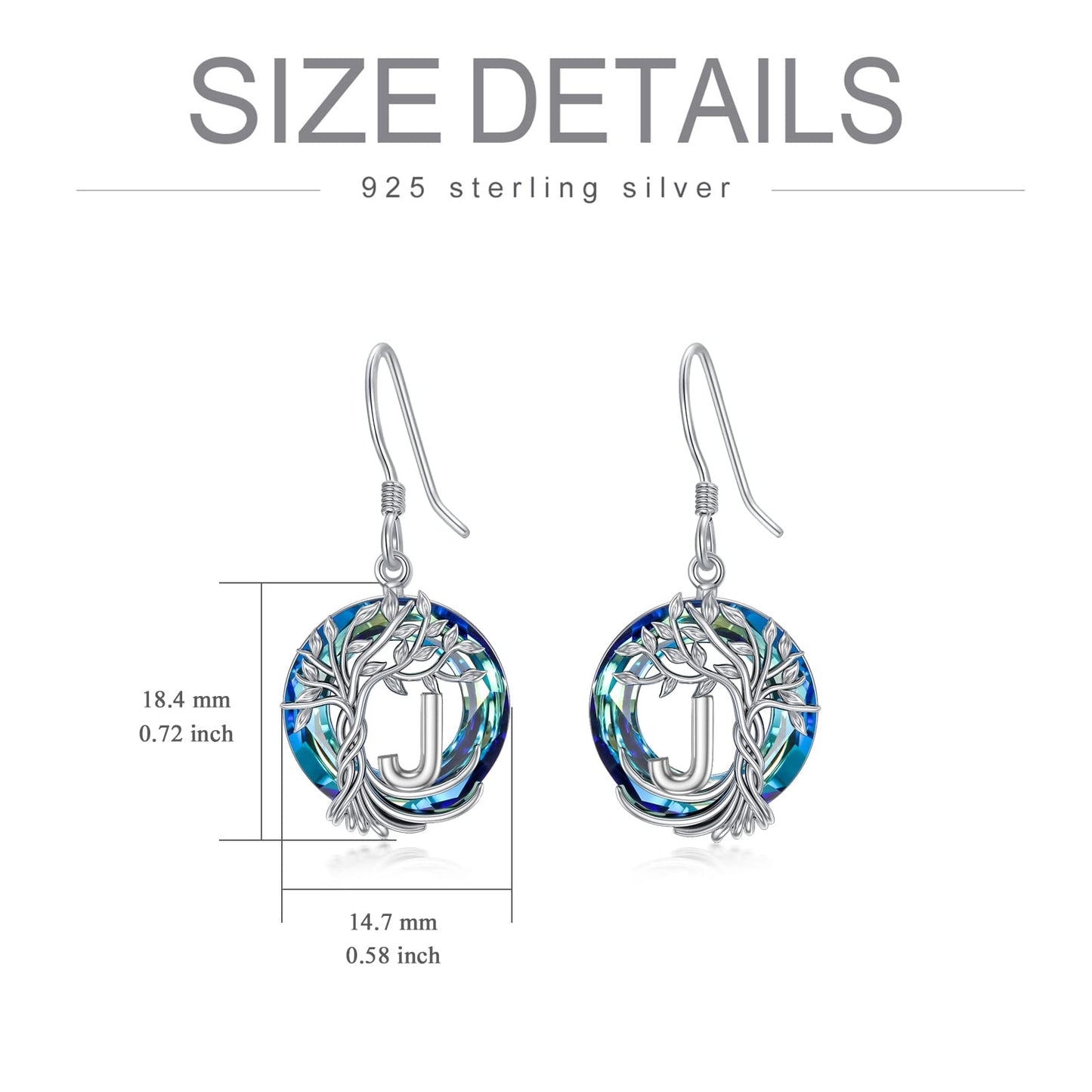 TOUPOP Tree of Life Initial Earrings Sterling Silver Initial J Letter Drop Dangle Earrings Blue Circle Crystal Family Tree Jewelry Birthday Mothers Day Gifts for Women Mom Her