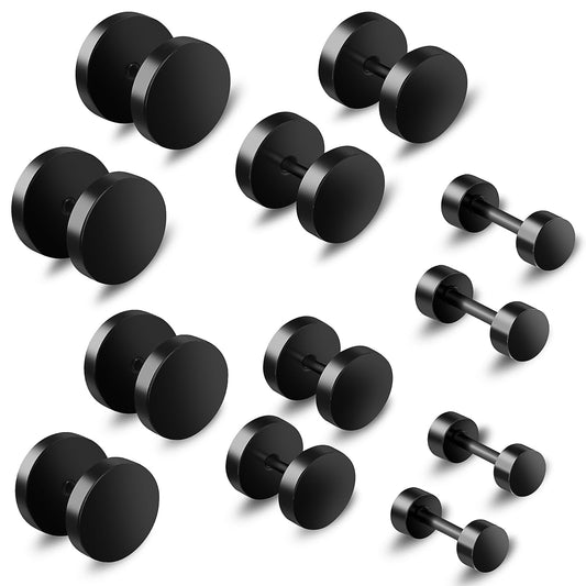 6 Pairs Flat Back Earrings, Black Earrings for Men Women Fake Plugs Faux Gauges Plugs Earring Stainless Steel Stud Earrings (4-10mm)