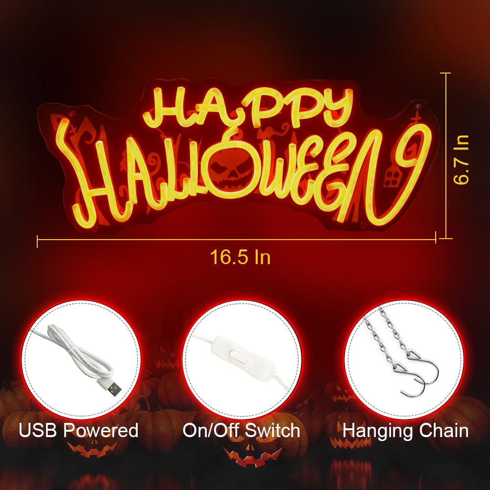 Halloween Neon Sign LED Happy Halloween Neon Light for Wall Decor USB Powered Acrylic Dimmable Pumpkin Light Up Sign for Halloween Decorations Window Home Bar Party Holiday Gifts