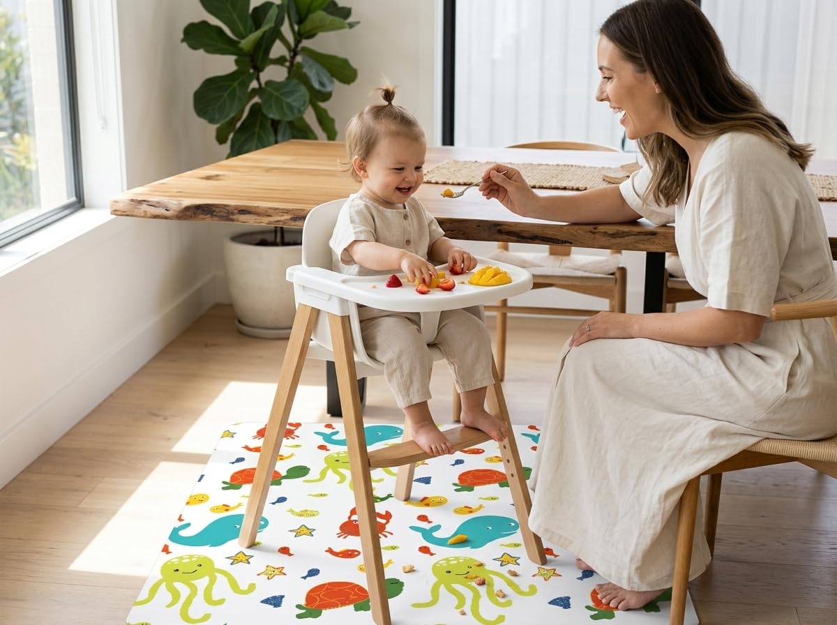 Splat Mat for Under Highchair/Arts/Crafts, WOMUMON Baby Reusable Waterproof Anti-Slip Floor Splash Mat, Portable Play Mat and Table Cover (51", Seaworld)