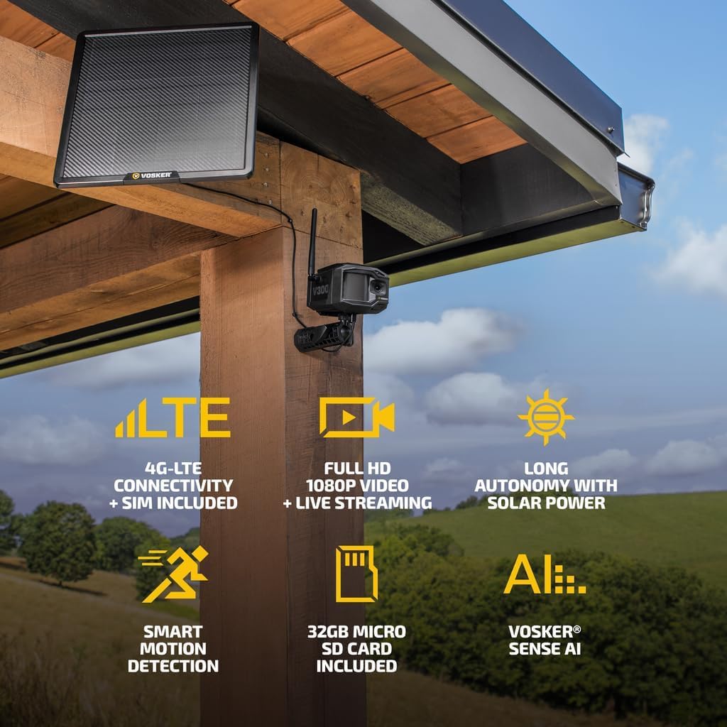 Vosker V300 Ultimate Farmers Pack Outdoor Security Camera with External Solar Panel for Farms Pastures and Greenhouses 4G LTE Black Single Unit with Battery