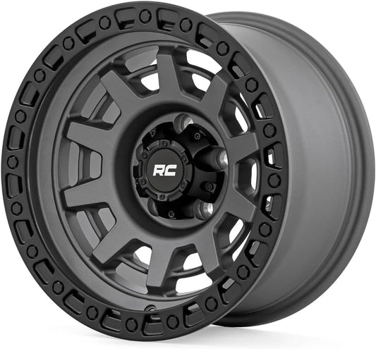 Rough Country 85 Series 15x8 Wheel - 5x4.5" Bolt Pattern, 19mm Offset, Gunmetal Gray with Black Simulated Beadlock, One-Piece Aluminum Off-Road Wheel